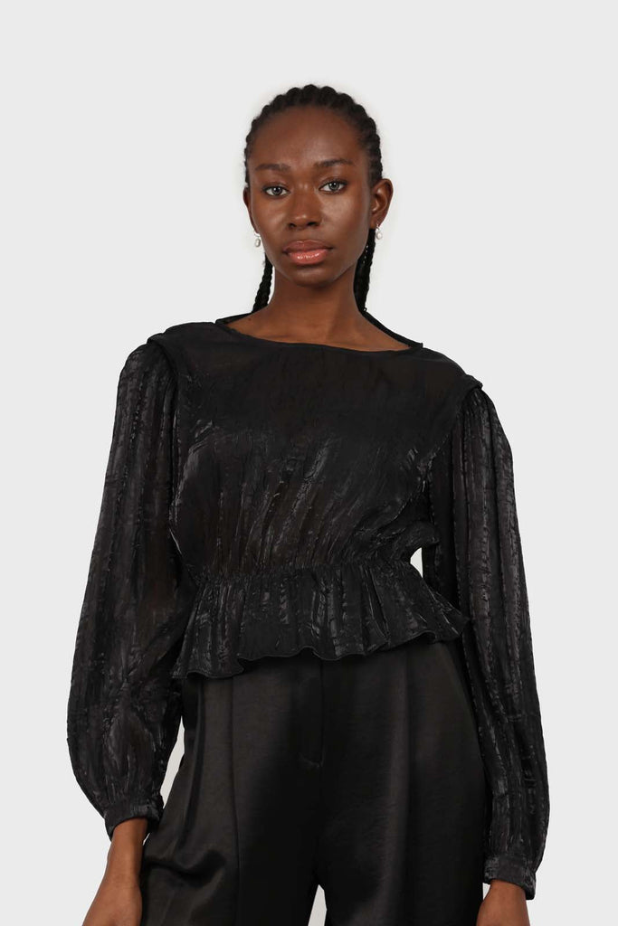 Black glossy sheer puff sleeve blouse_4