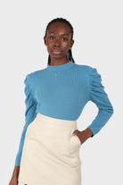 Blue long balloon sleeve knit top_1