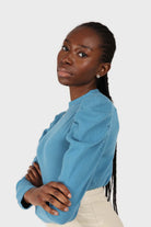 Blue long balloon sleeve knit top_4