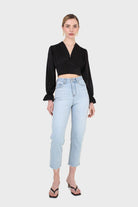 Black deep V tie back cropped long sleeve blouse_3