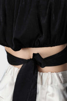 Black deep V tie back cropped long sleeve blouse_10
