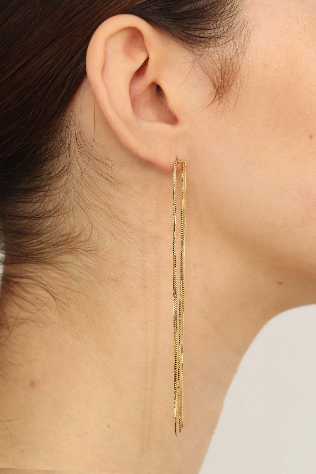 Gold multi strand long drop earrings