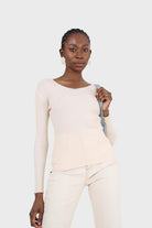 Cream V-neck ribbed long sleeved knit top_1