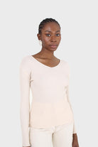 Cream V-neck ribbed long sleeved knit top_6