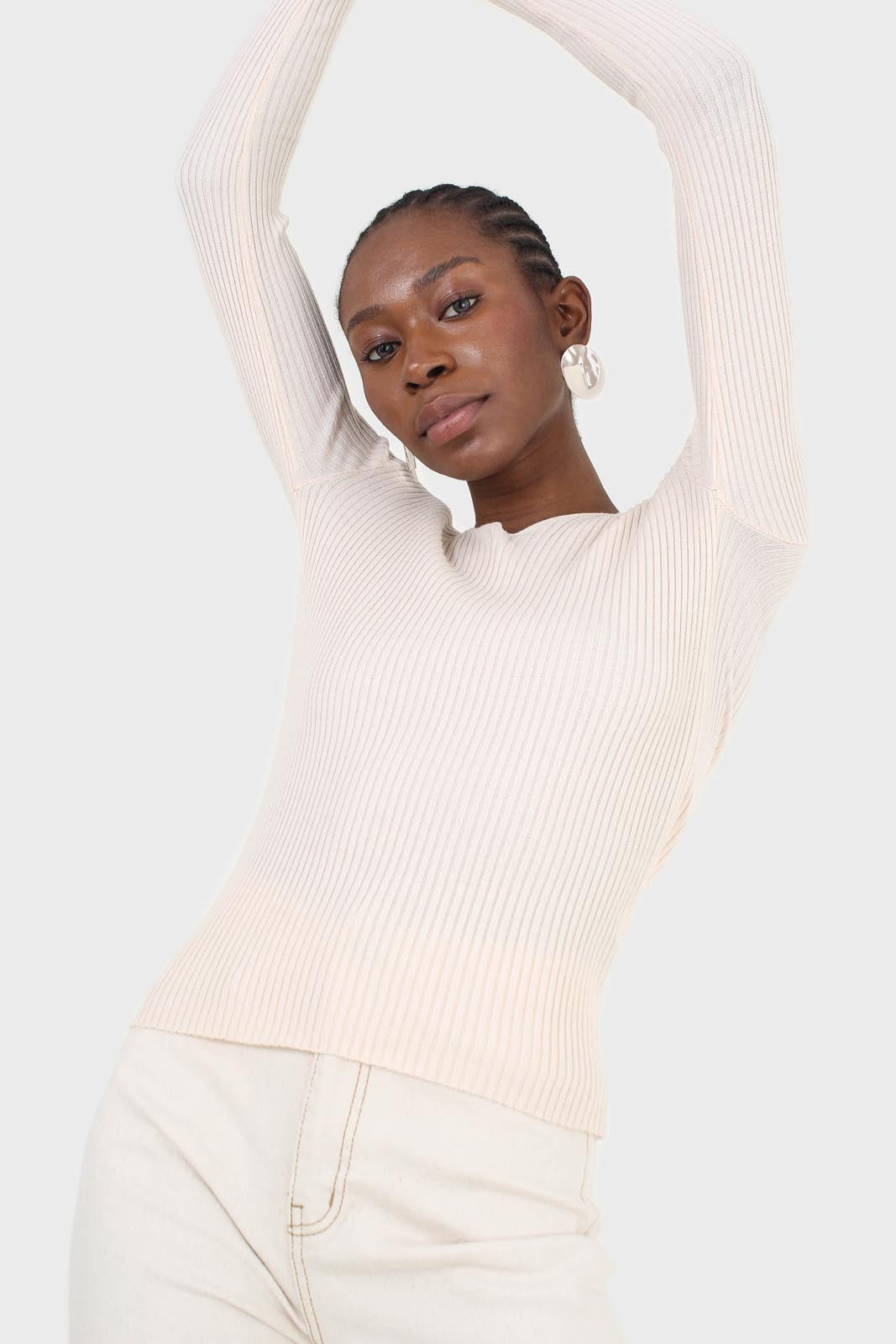 Cream V-neck ribbed long sleeved knit top_4