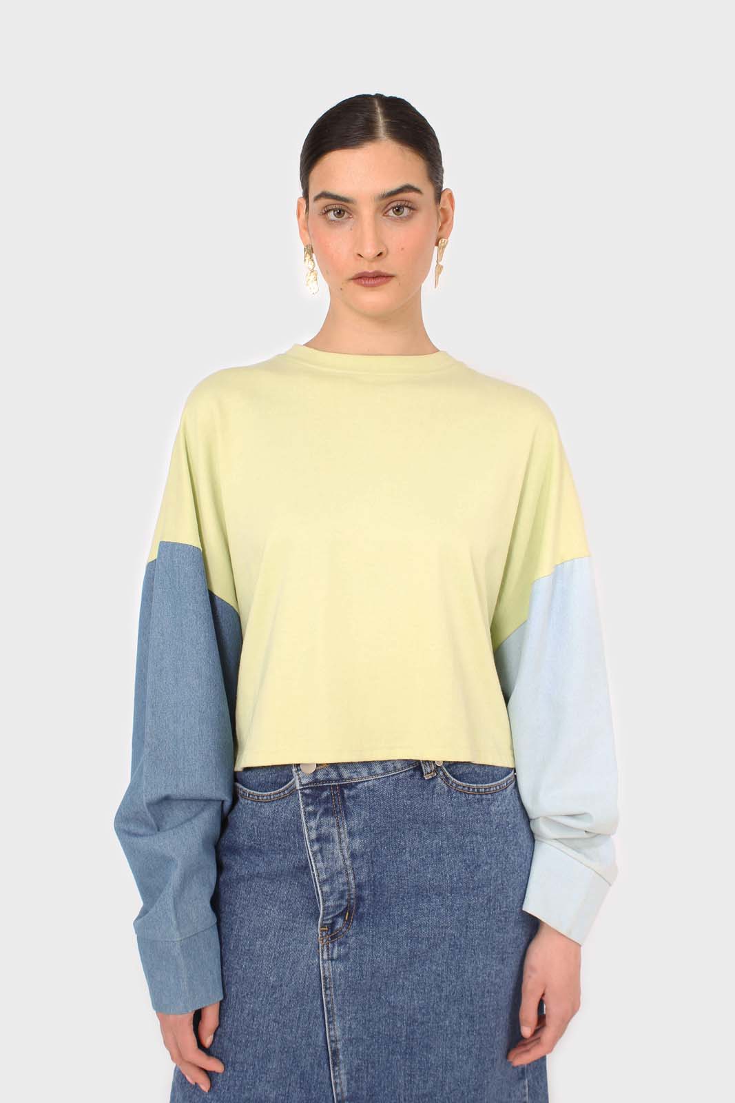 Lime denim colour block sleeve cropped top_6