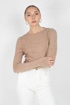 Beige shirring jersey long sleeved top_1