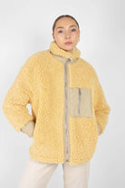 Yellow thick fuzzy contrast zip fleece_1