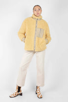 Yellow thick fuzzy contrast zip fleece_3