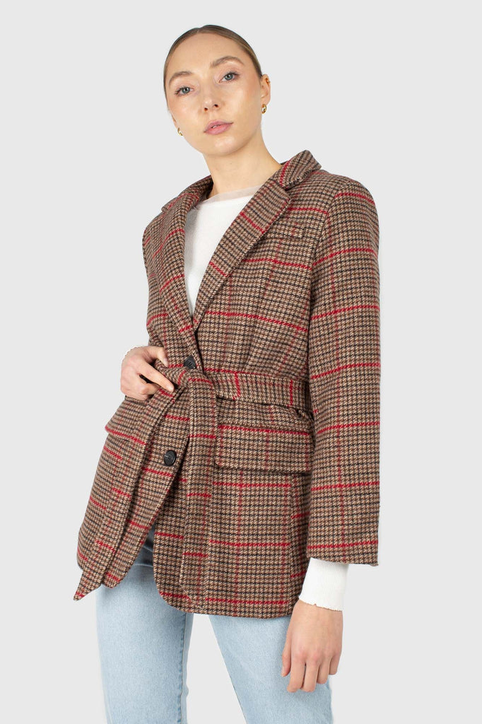 Beige and red checked belted long jacket_1