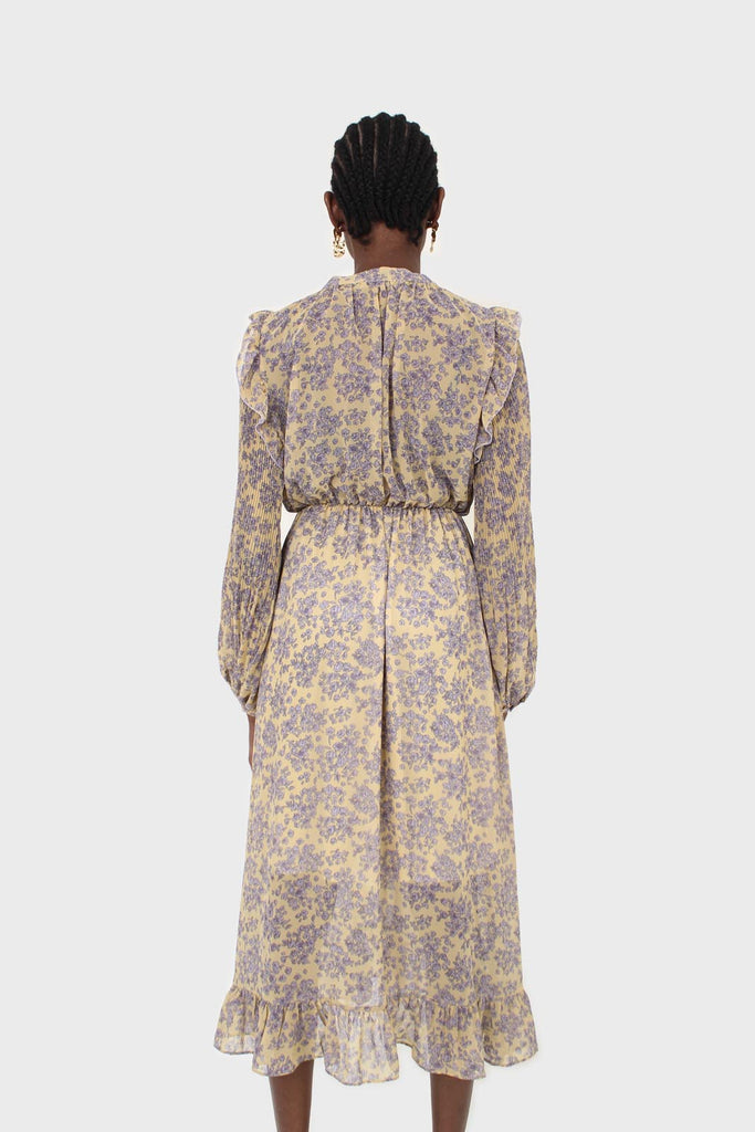 Yellow and grey floral print ruffle trim maxi dress_8