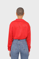 Bright red textured silky plunging tie front shirt_4