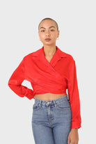 Bright red textured silky plunging tie front shirt_2