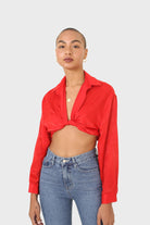 Bright red textured silky plunging tie front shirt_6