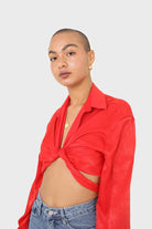 Bright red textured silky plunging tie front shirt_8