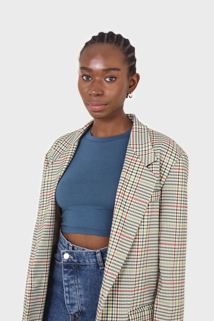 Pale yellow and red green oversized checked blazer_11