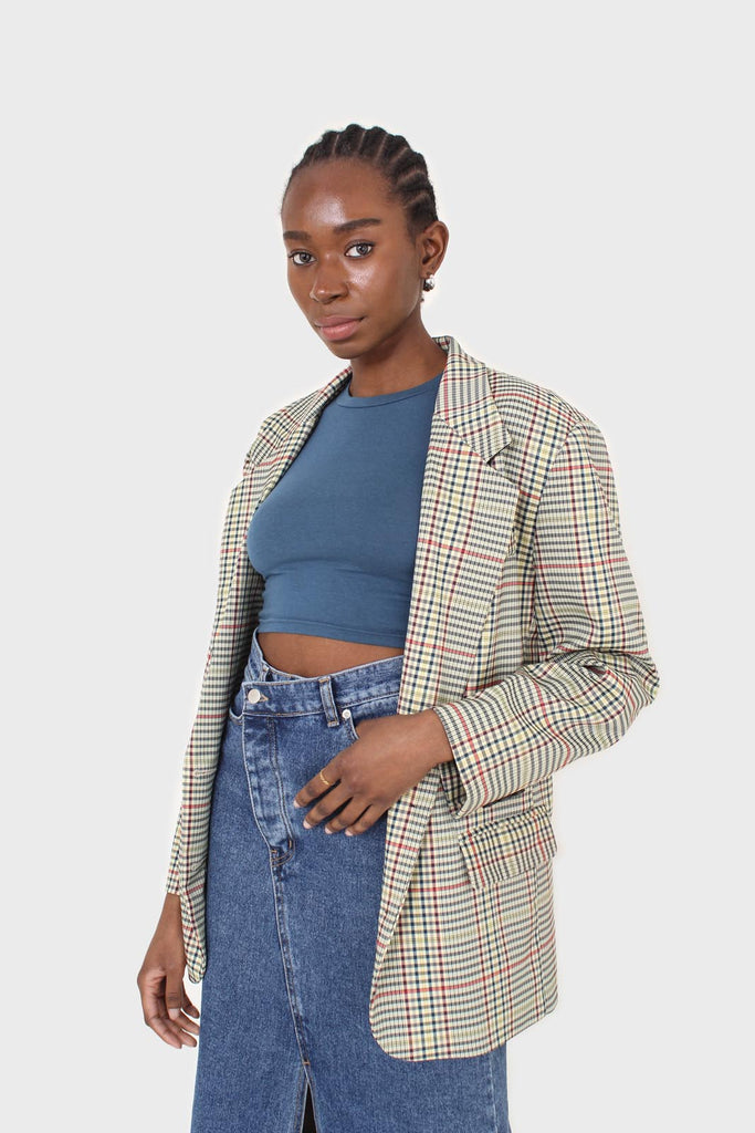 Pale yellow and red green oversized checked blazer_1
