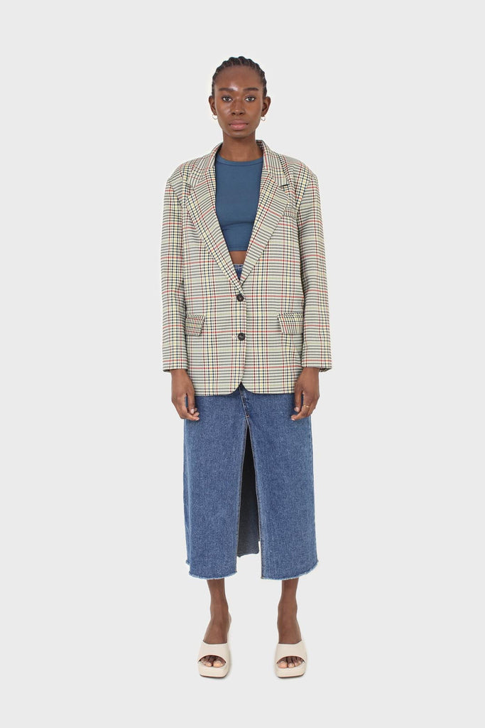 Pale yellow and red green oversized checked blazer_2