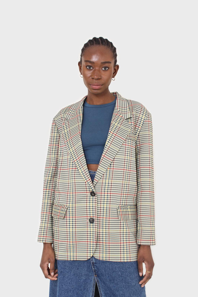 Pale yellow and red green oversized checked blazer_8