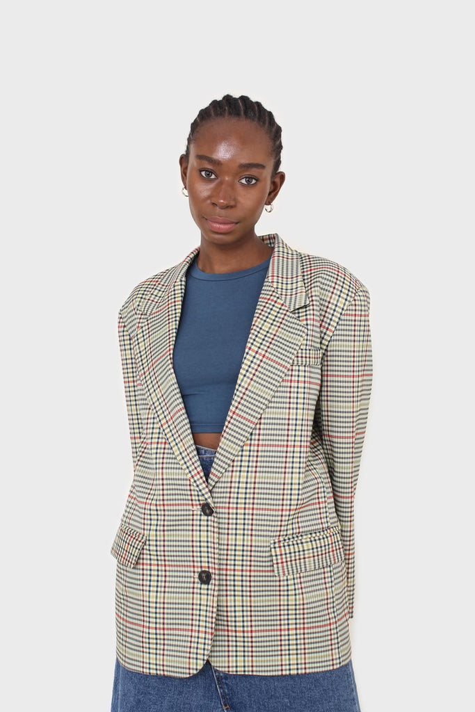 Pale yellow and red green oversized checked blazer_9