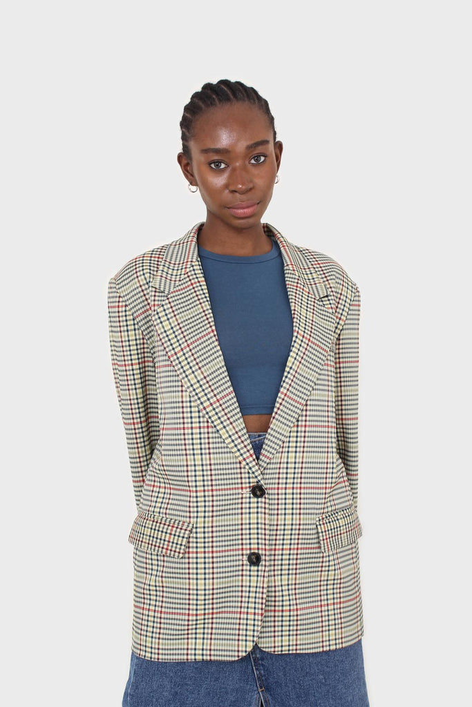 Pale yellow and red green oversized checked blazer_10