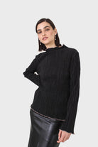 Black micro pleat pink contrast trim long sleeved top_1