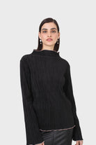 Black micro pleat pink contrast trim long sleeved top_8