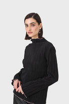 Black micro pleat pink contrast trim long sleeved top_9