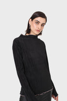 Black micro pleat pink contrast trim long sleeved top_10