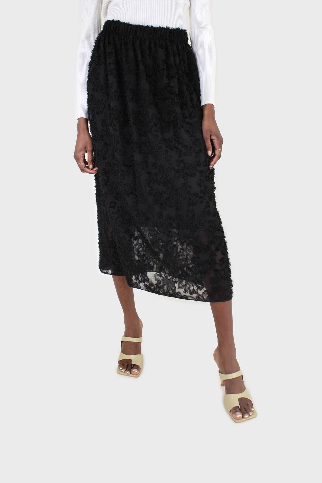 Black textured floral sheer midi skirt_1
