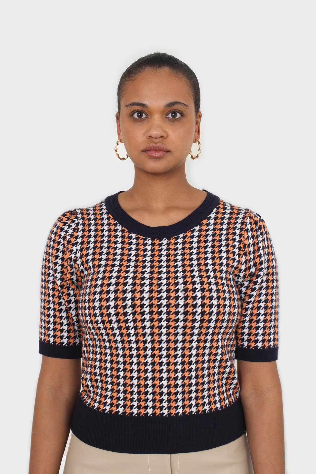 Black and orange check short sleeve knit top_3