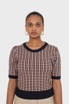 Black and orange check short sleeve knit top_3