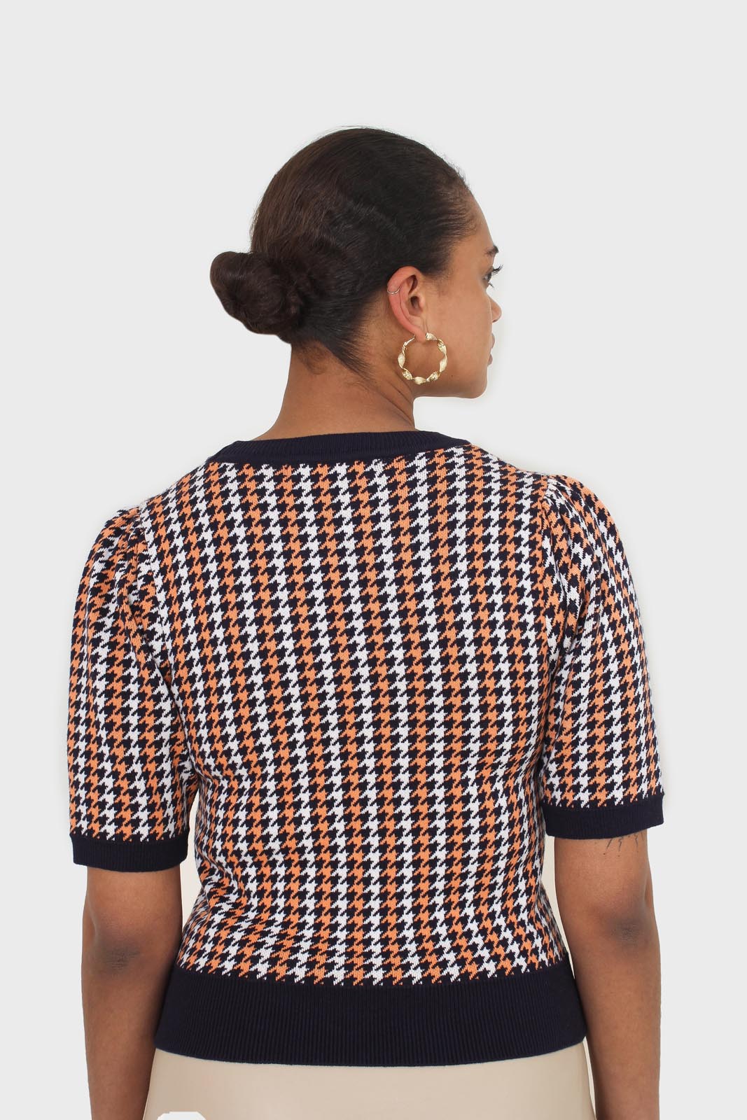 Black and orange check short sleeve knit top_2