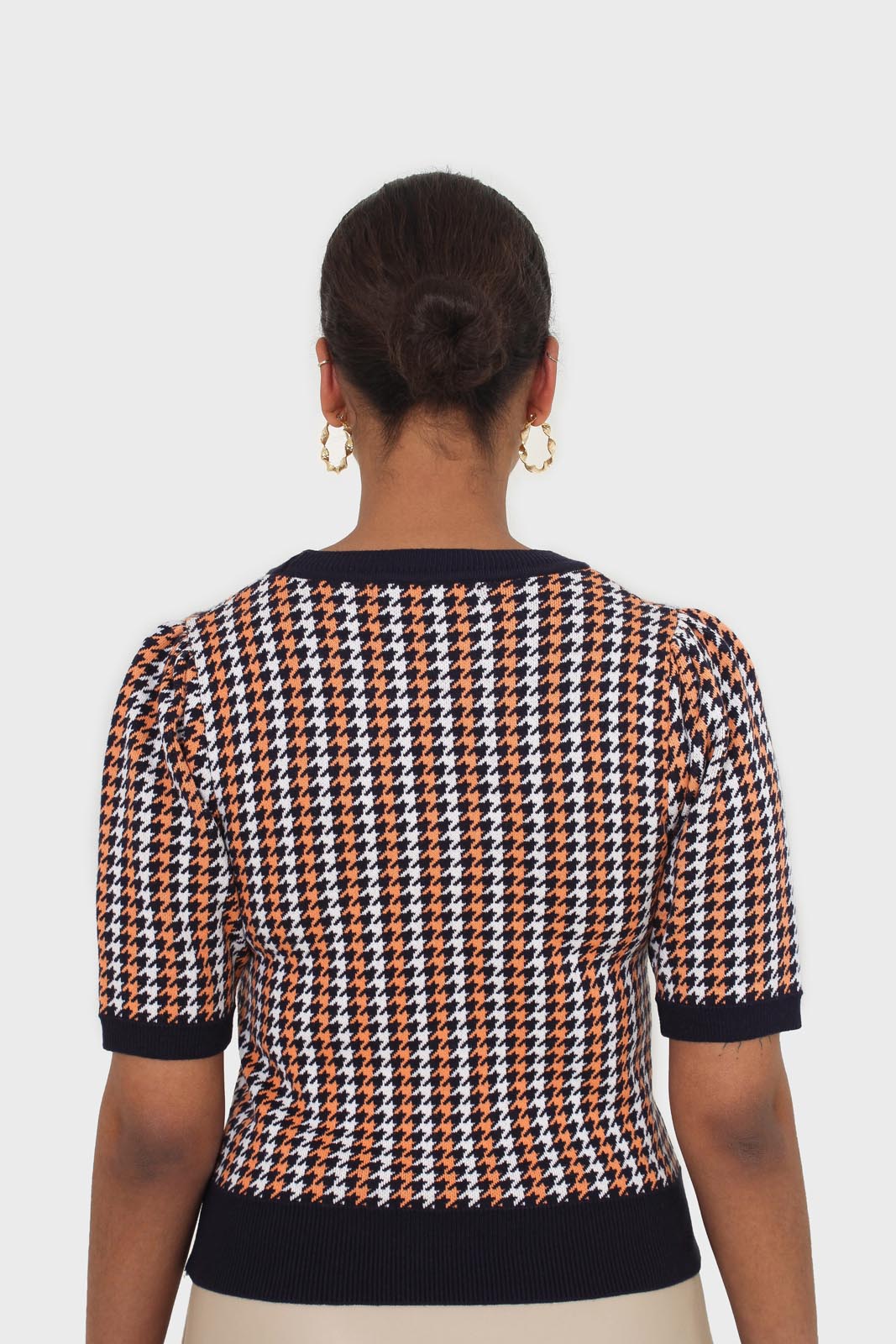 Black and orange check short sleeve knit top_4