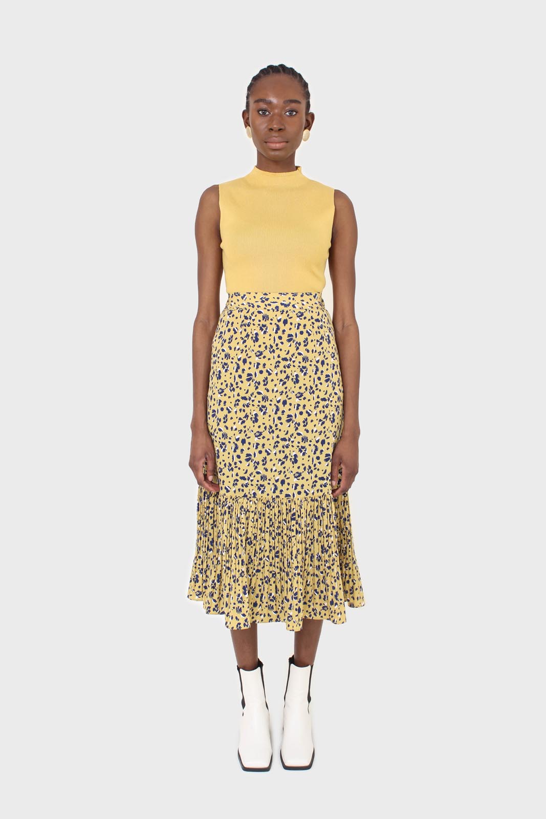 Yellow and blue animal print pleat hem maxi skirt_2