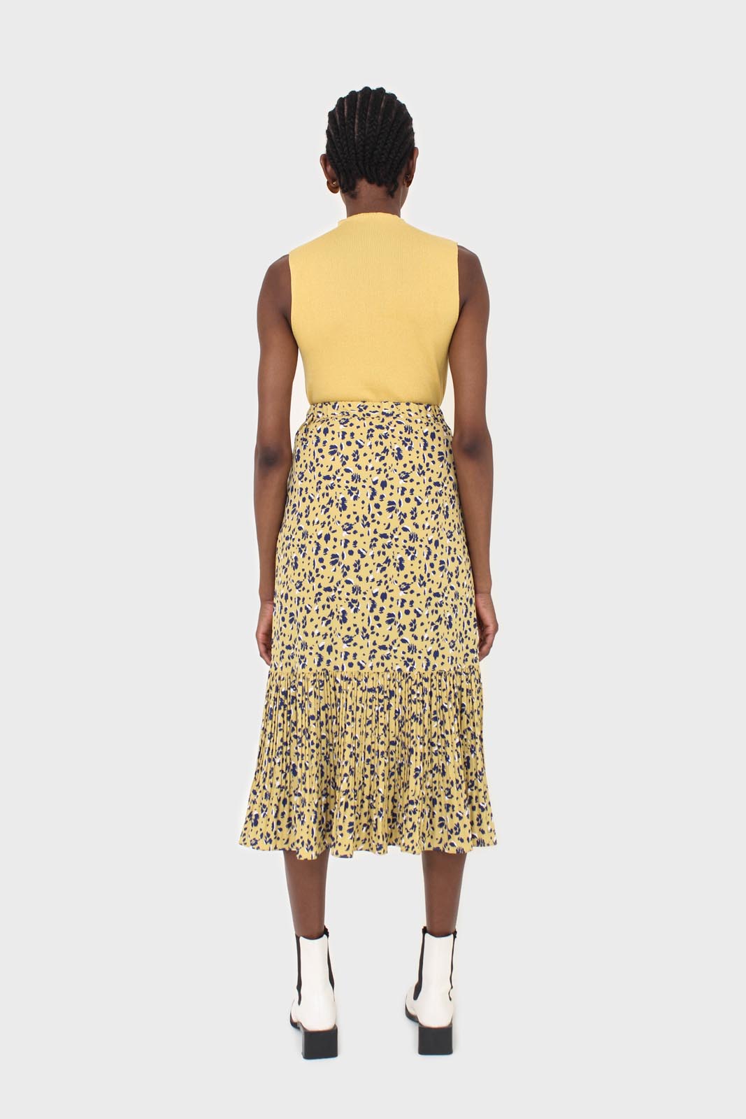 Yellow and blue animal print pleat hem maxi skirt_4