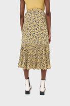 Yellow and blue animal print pleat hem maxi skirt_5