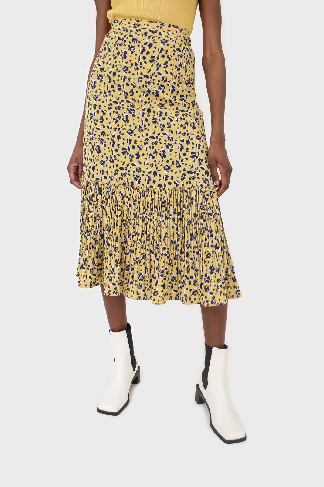 Yellow and blue animal print pleat hem maxi skirt_1