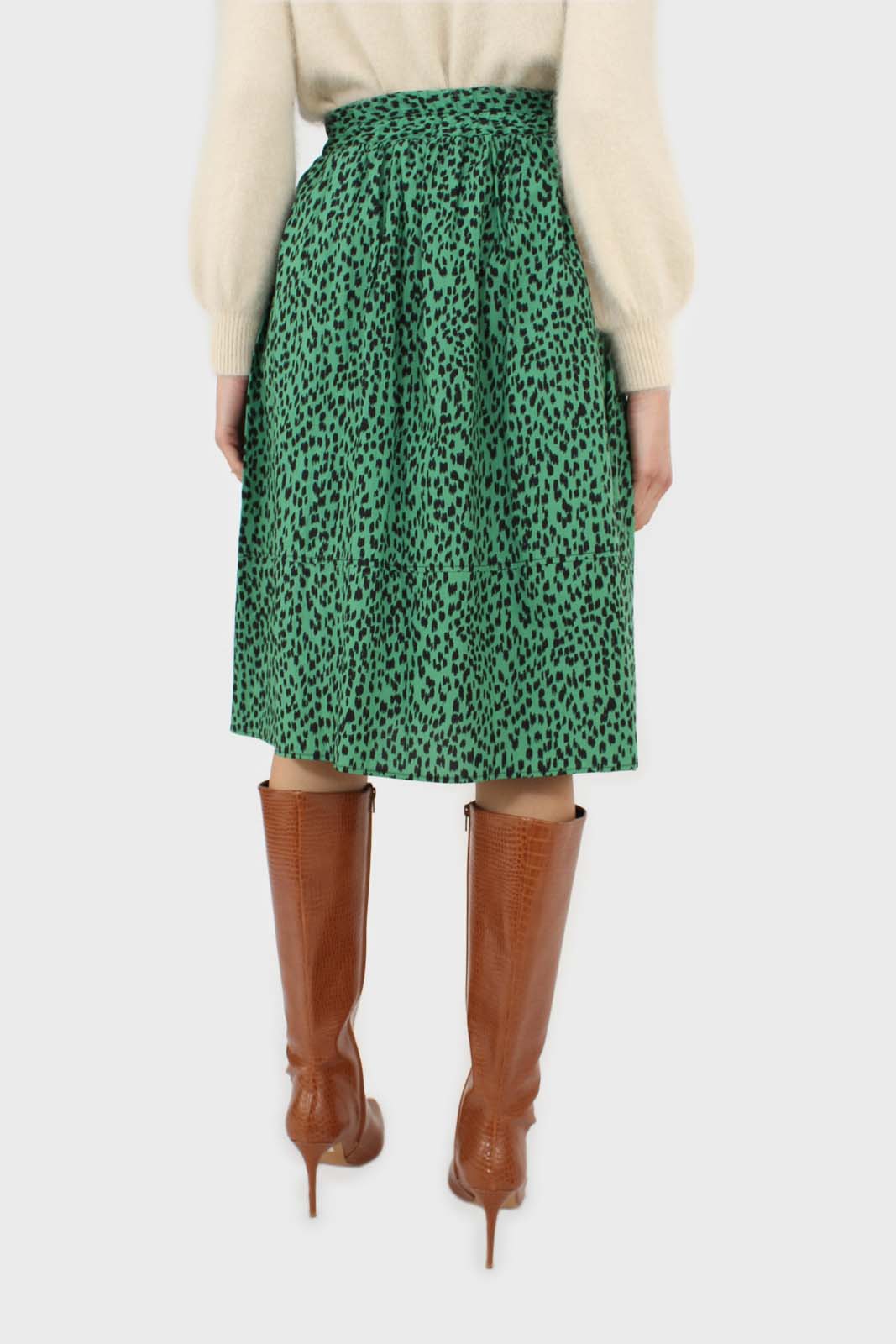 Green animal print flare midi skirt_6