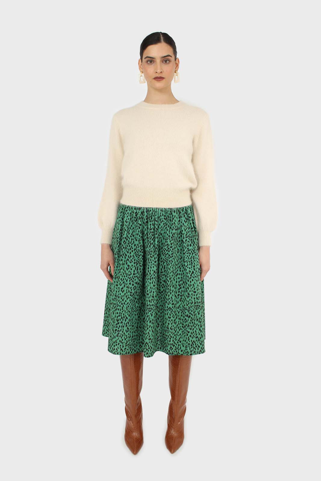 Green animal print flare midi skirt_2