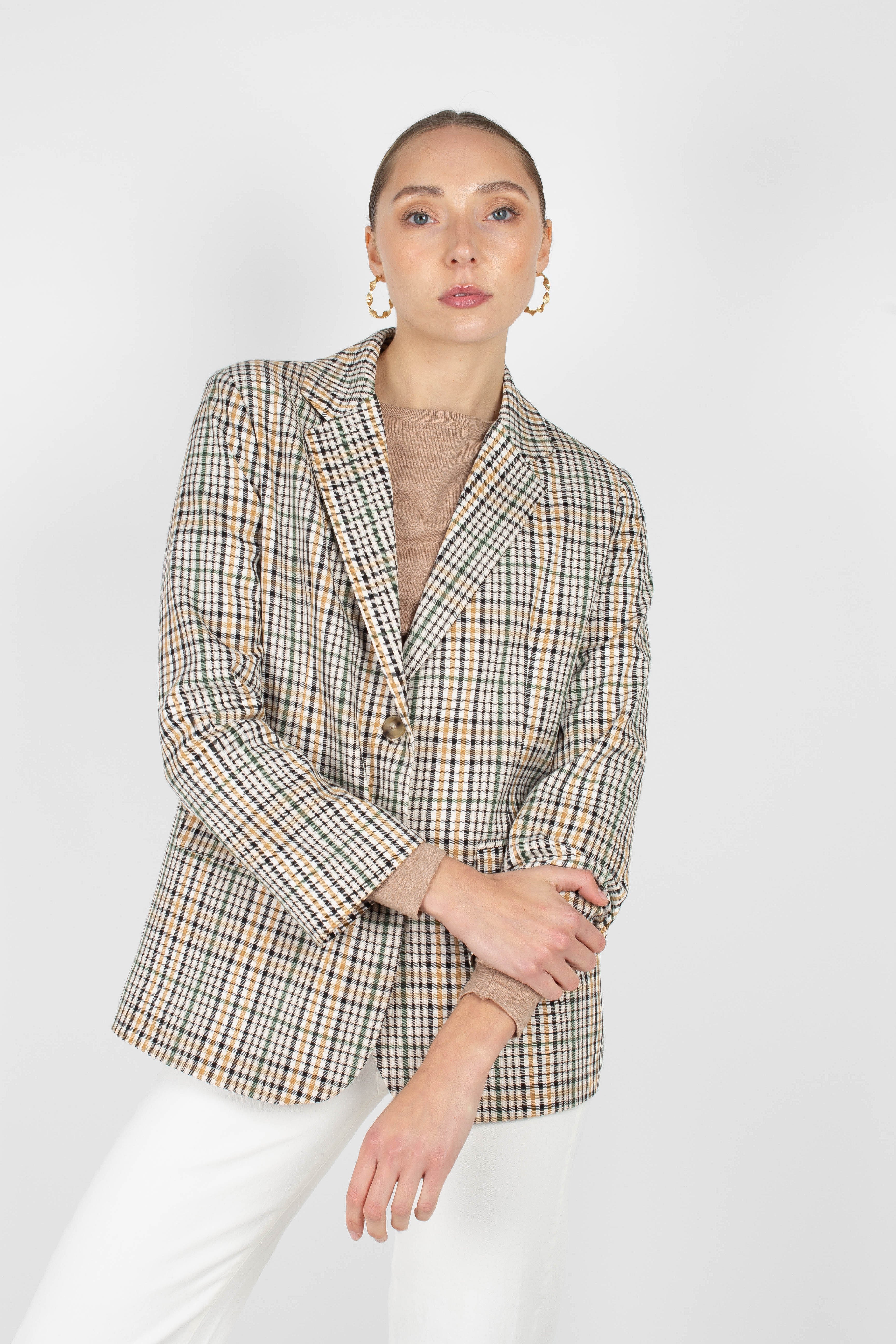 Green mustard and beige check blazer_3