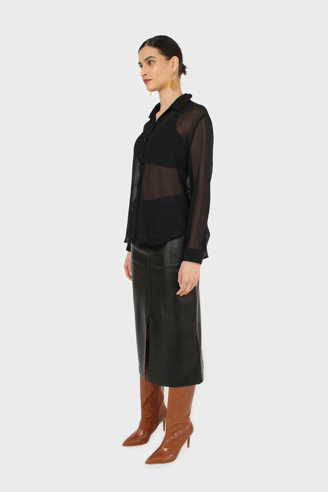 Black sheer silky shirt blouse_3