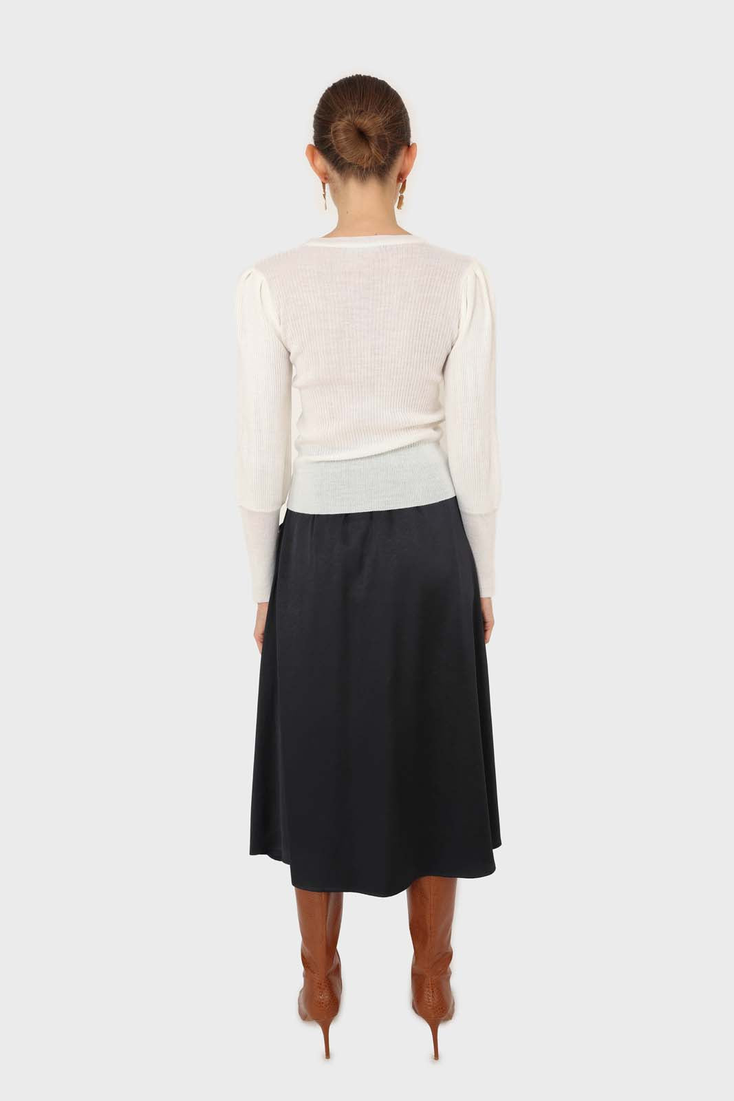 Navy silky flare front pocket midi skirt_4