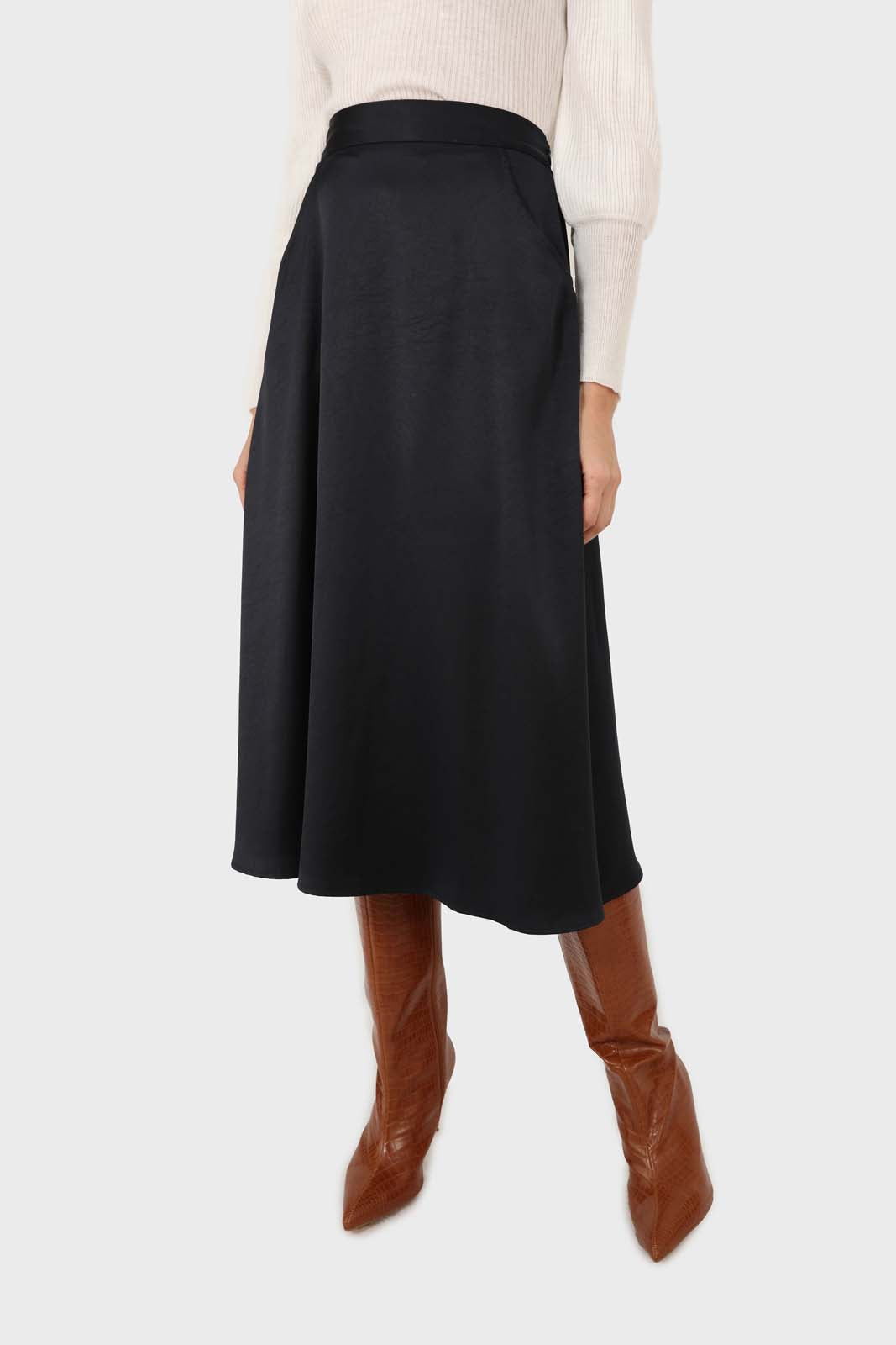 Navy silky flare front pocket midi skirt_1