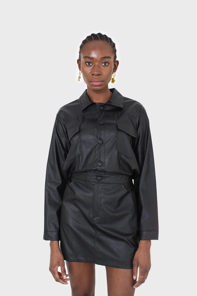 Black vegan leather skirt boiler suit_1