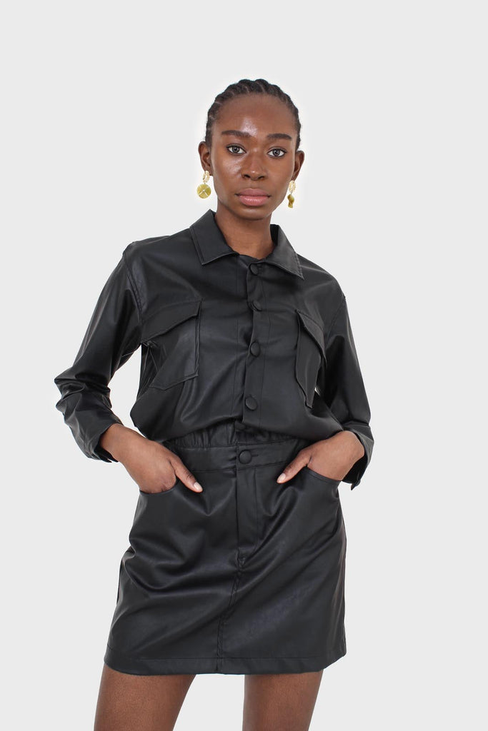 Black vegan leather skirt boiler suit_6