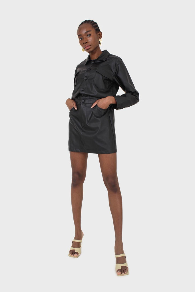 Black vegan leather skirt boiler suit_7
