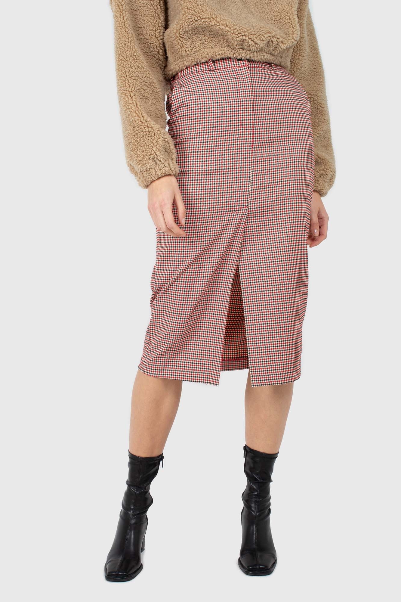 Red and beige check front split midi skirt_1
