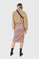 Red and beige check front split midi skirt_3