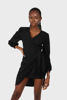 Black plunging neck wrap waist midi dress_3